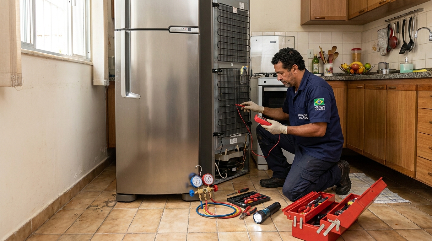 Técnico realizando manutenção de motor de geladeira em Taubaté‑SP